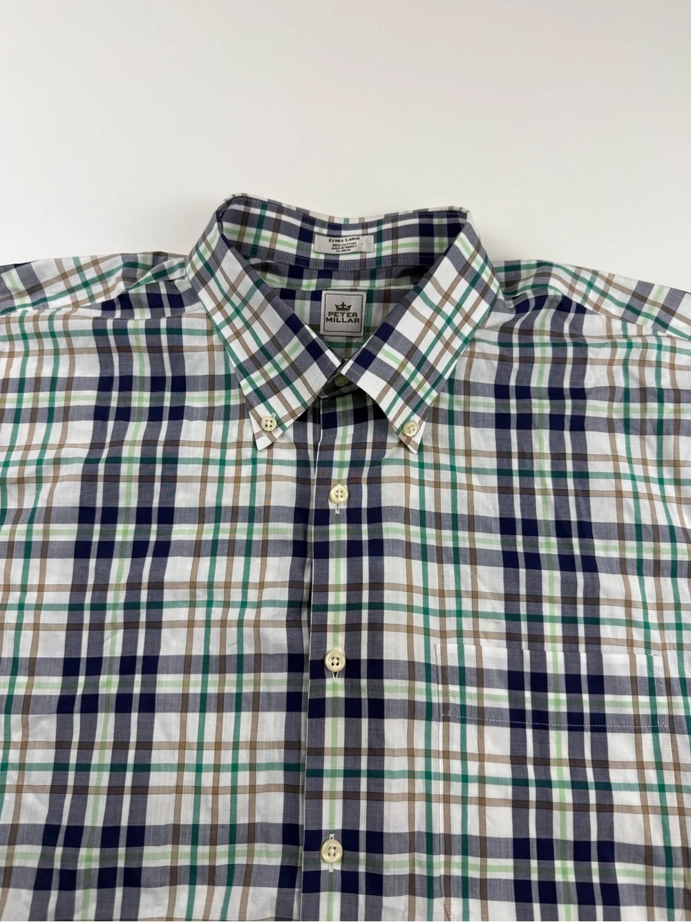 Peter Millar Button-Up Shirt Mens XL Blue Plaid Short Sleeve 100% Cotton Classic